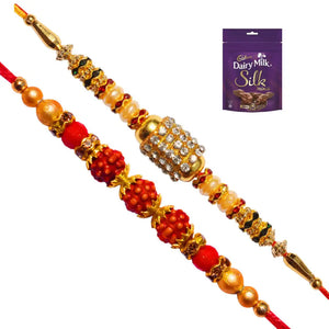 2 Rakhi - American Diamond and Rudraksh Rakhi with Chocolate Pack