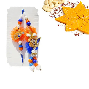 2 Rakhi - Beautiful Bhaiya Bhabhi Pearl and Diamond Rakhi Set With Indian Sweets