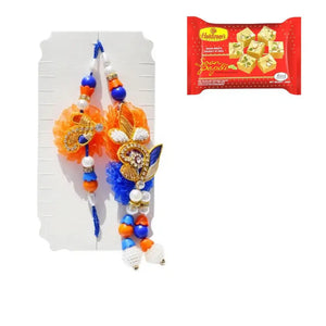 2 Rakhi - Beautiful Bhaiya Bhabhi Pearl and Diamond Rakhi Set With Indian Sweets
