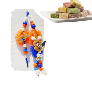2 Rakhi - Beautiful Bhaiya Bhabhi Pearl and Diamond Rakhi Set With Indian Sweets