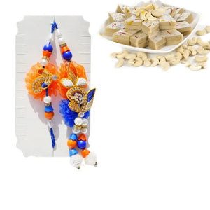 2 Rakhi - Beautiful Bhaiya Bhabhi Pearl and Diamond Rakhi Set With Indian Sweets