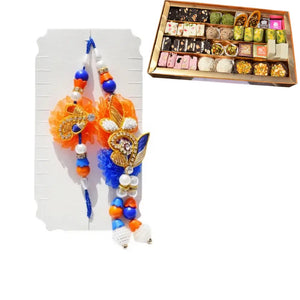 2 Rakhi - Beautiful Bhaiya Bhabhi Pearl and Diamond Rakhi Set With Indian Sweets