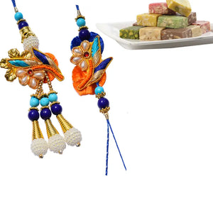 2 Rakhi - Beautiful Pearl and Beads Bhaiya Bhabhi Rakhi With Indian Sweets