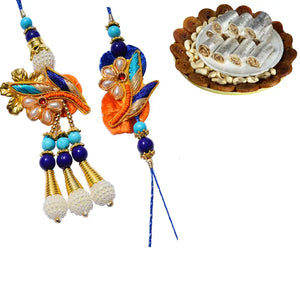 2 Rakhi - Beautiful Pearl and Beads Bhaiya Bhabhi Rakhi With Indian Sweets