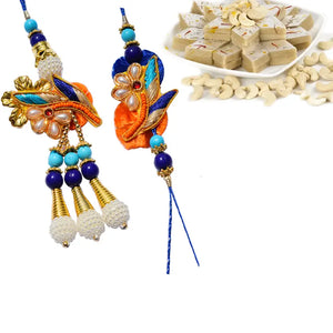 2 Rakhi - Beautiful Pearl and Beads Bhaiya Bhabhi Rakhi With Indian Sweets
