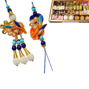 2 Rakhi - Beautiful Pearl and Beads Bhaiya Bhabhi Rakhi With Indian Sweets
