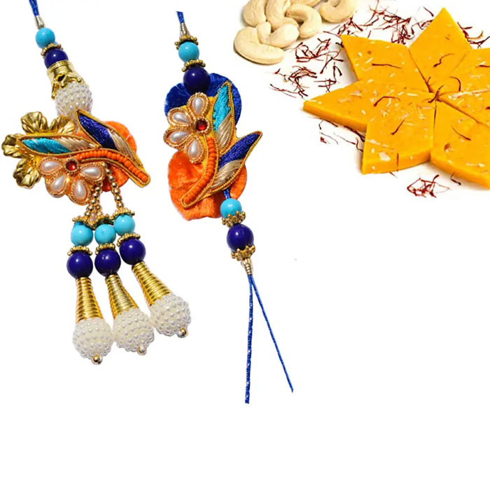 2 Rakhi - Beautiful Pearl and Beads Bhaiya Bhabhi Rakhi With Indian Sweets