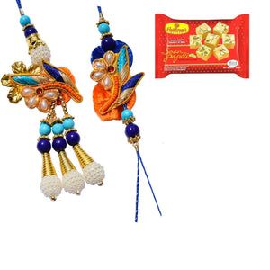 2 Rakhi - Beautiful Pearl and Beads Bhaiya Bhabhi Rakhi With Indian Sweets