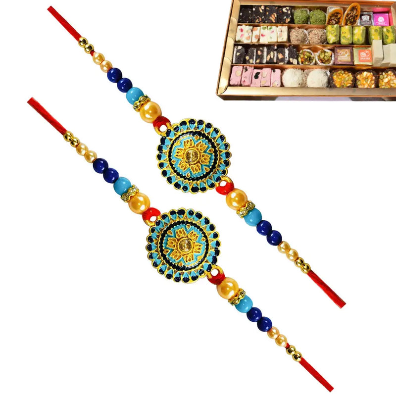2 Rakhi - Blue Round Pendant Rakhi With Indian Sweets – Rakhi Stores