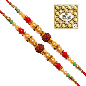 2 Rakhi - Designer Rudraksh Rakhi With Chocolate Box