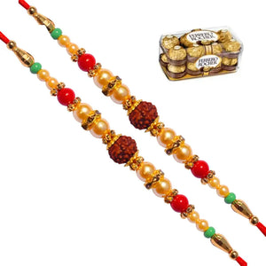 2 Rakhi - Designer Rudraksh Rakhi With Chocolate Box