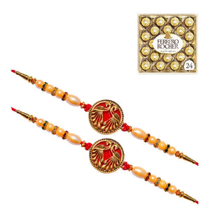 2 Rakhi - Designer Red Peacock Rakhis With Chocolate Box