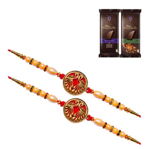 2 Rakhi - Designer Red Peacock Rakhis With Chocolate Box