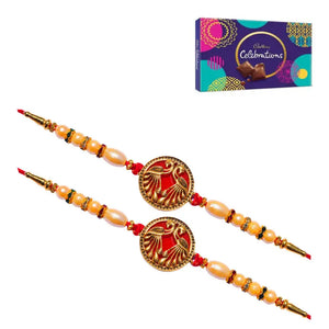 2 Rakhi - Designer Red Peacock Rakhis With Chocolate Box
