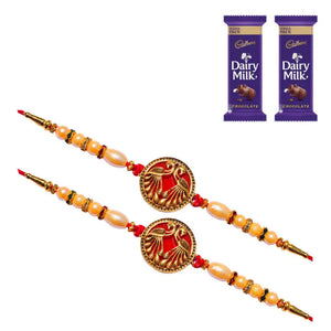 2 Rakhi - Designer Red Peacock Rakhis With Chocolate Box