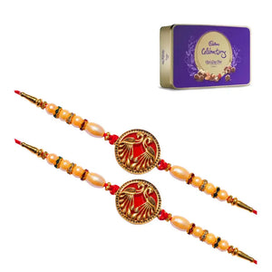 2 Rakhi - Designer Red Peacock Rakhis With Chocolate Box