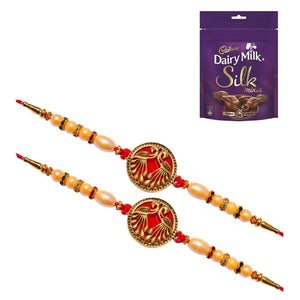 2 Rakhi - Designer Red Peacock Rakhis With Chocolate Box