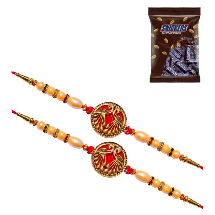 2 Rakhi - Designer Red Peacock Rakhis With Chocolate Box