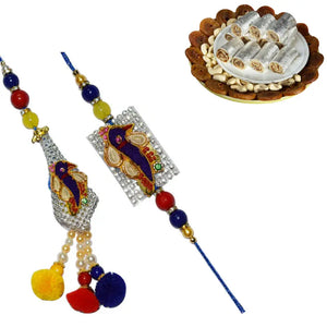 2 Rakhi - Diamond Peacock And Pearl Bhaiya Bhabhi Rakhi With Indian Sweets