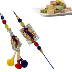 2 Rakhi - Diamond Peacock And Pearl Bhaiya Bhabhi Rakhi With Indian Sweets