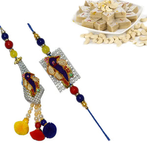 2 Rakhi - Diamond Peacock And Pearl Bhaiya Bhabhi Rakhi With Indian Sweets