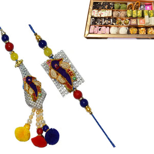 2 Rakhi - Diamond Peacock And Pearl Bhaiya Bhabhi Rakhi With Indian Sweets