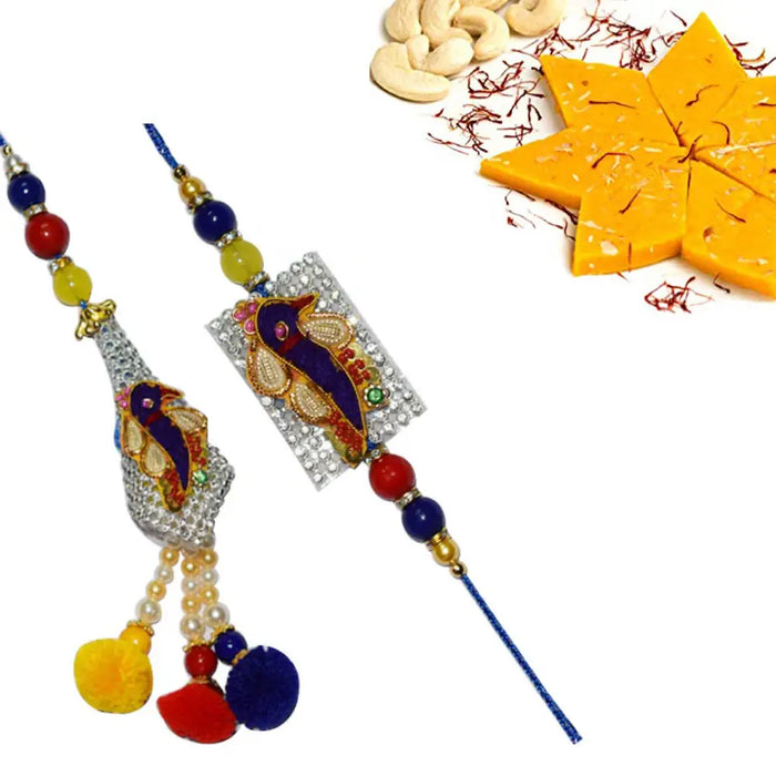 2 Rakhi - Diamond Peacock And Pearl Bhaiya Bhabhi Rakhi With Indian Sweets