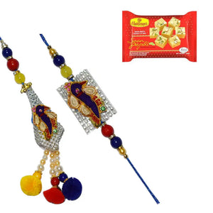 2 Rakhi - Diamond Peacock And Pearl Bhaiya Bhabhi Rakhi With Indian Sweets