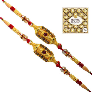 2 Rakhi - Beautiful Golden Color Rakhi With Chocolate Pack