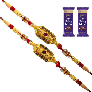 2 Rakhi - Beautiful Golden Color Rakhi With Chocolate Pack