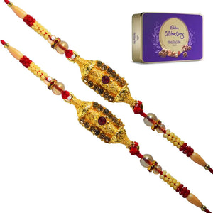 2 Rakhi - Beautiful Golden Color Rakhi With Chocolate Pack