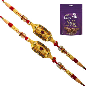 2 Rakhi - Beautiful Golden Color Rakhi With Chocolate Pack