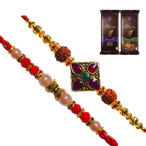 2 Rakhi - Pearls and Fancy Rakhi Set with Chocolate Pack