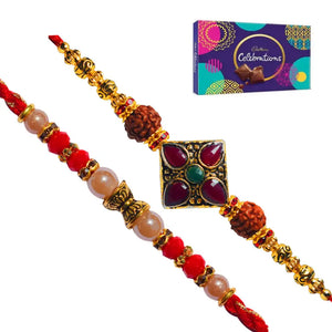 2 Rakhi - Pearls and Fancy Rakhi Set with Chocolate Pack