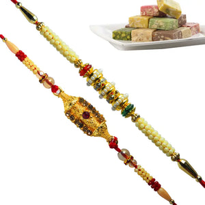 2 Rakhi - Pearls and Fancy Rakhi With Indian Sweets