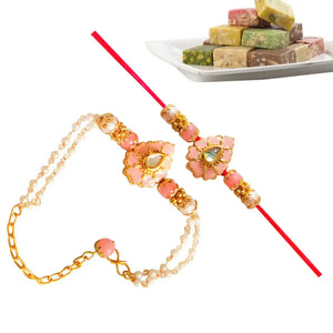 2 Rakhi - Pink Beads Couple Rakhi With Indian Sweets