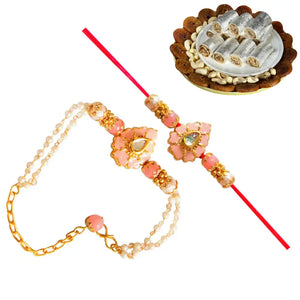 2 Rakhi - Pink Beads Couple Rakhi With Indian Sweets