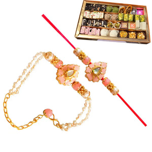 2 Rakhi - Pink Beads Couple Rakhi With Indian Sweets