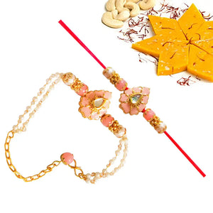 2 Rakhi - Pink Beads Couple Rakhi With Indian Sweets