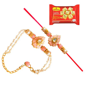2 Rakhi - Pink Beads Couple Rakhi With Indian Sweets