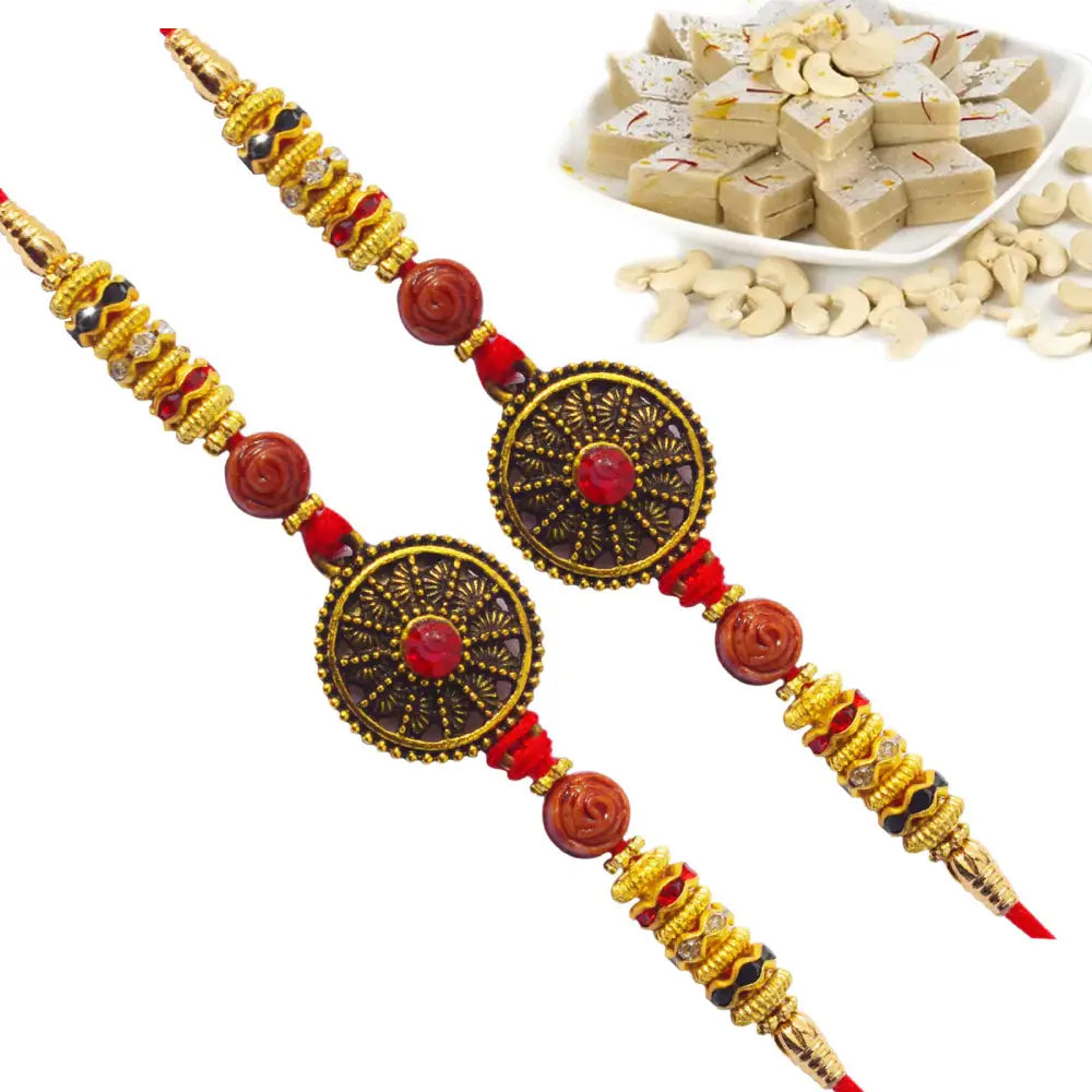 2 Rakhi - Black Color Round Pendant Rakhi Set with Indian Sweets