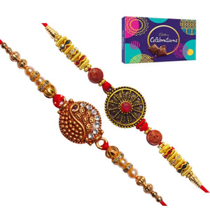 2 Rakhi - Designer Round Pendant Rakhis With Chocolate Box