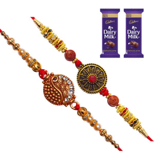 2 Rakhi - Designer Round Pendant Rakhis With Chocolate Box