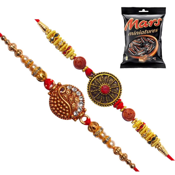 2 Rakhi - Designer Round Pendant Rakhis With Chocolate Box