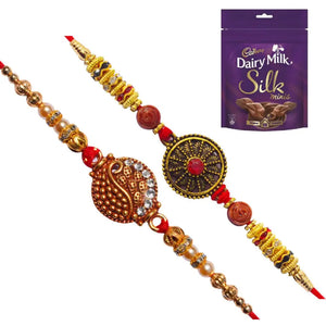 2 Rakhi - Designer Round Pendant Rakhis With Chocolate Box
