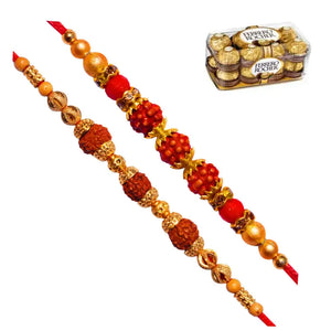 2 Rakhi - Beautiful Rudraksh Rakhi Set with Chocolate Box
