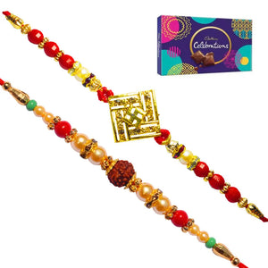 2 Rakhi - Swastik and Rudraksh Rakhi with Chocolate Box