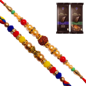 2 Rakhi - Crystals and Rudraksh Rakhi With Chocolate Box