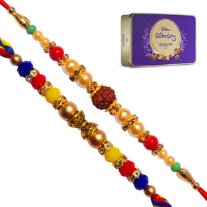 2 Rakhi - Crystals and Rudraksh Rakhi With Chocolate Box