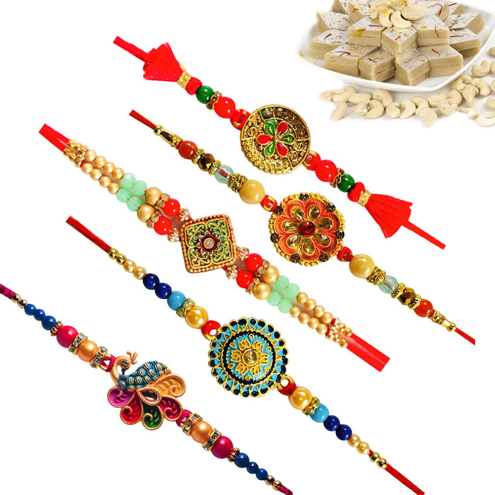 5 Rakhi - Colorful Rakhis With Indian Sweets or Chocolates